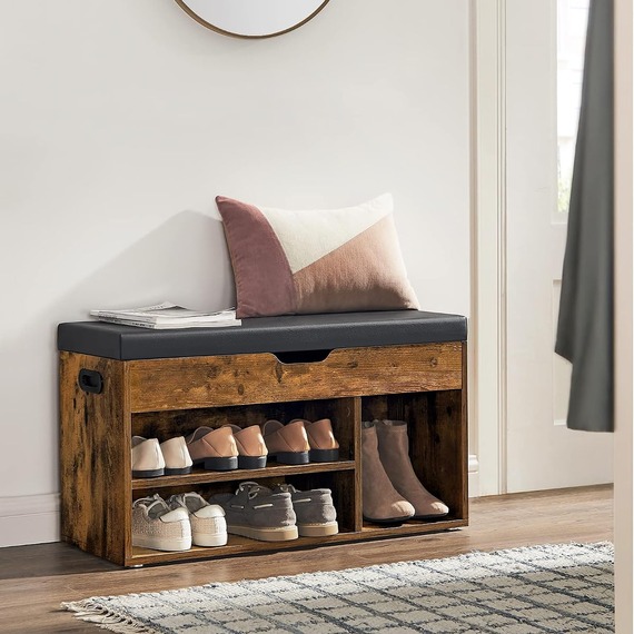 VASAGLE Shoe Storage Bench with Cushion, 3 Compartments