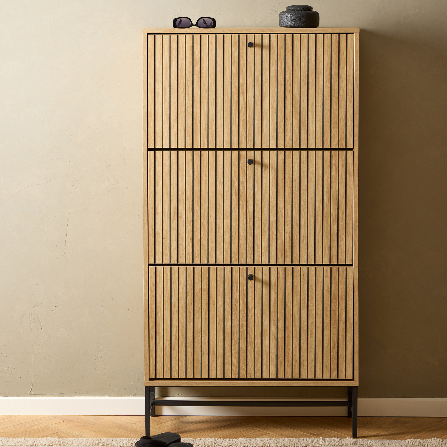 Furniture To Go Albany Shoe Cabinet 3 Flip Down Doors In Oak/Black Legs - Oak & Black