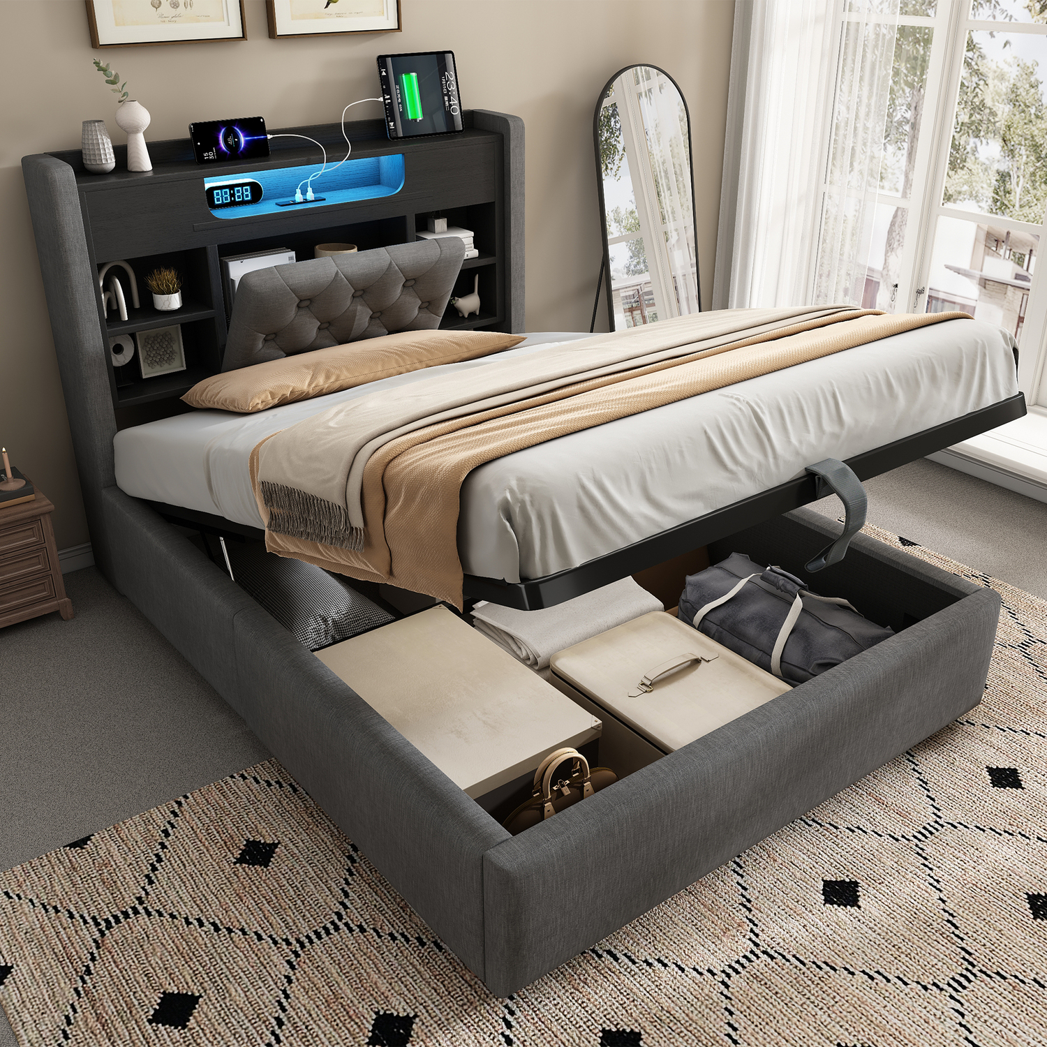 Aka Double Linen Hydraulic Storage Bed With Led & Charging, Grey - Grey