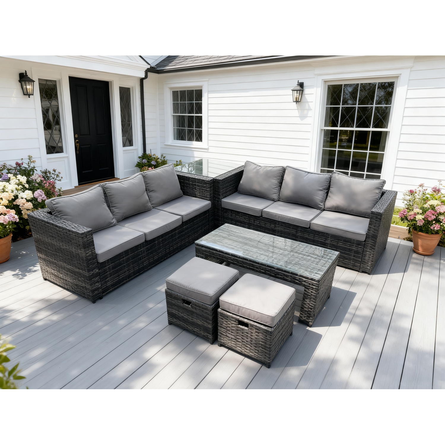 Fimous Unisex Dark Grey Outdoor Rattan Garden Furniture Lounge Sofa Set With Oblong Rectagular Coffee Table In Size 2 - Image 2