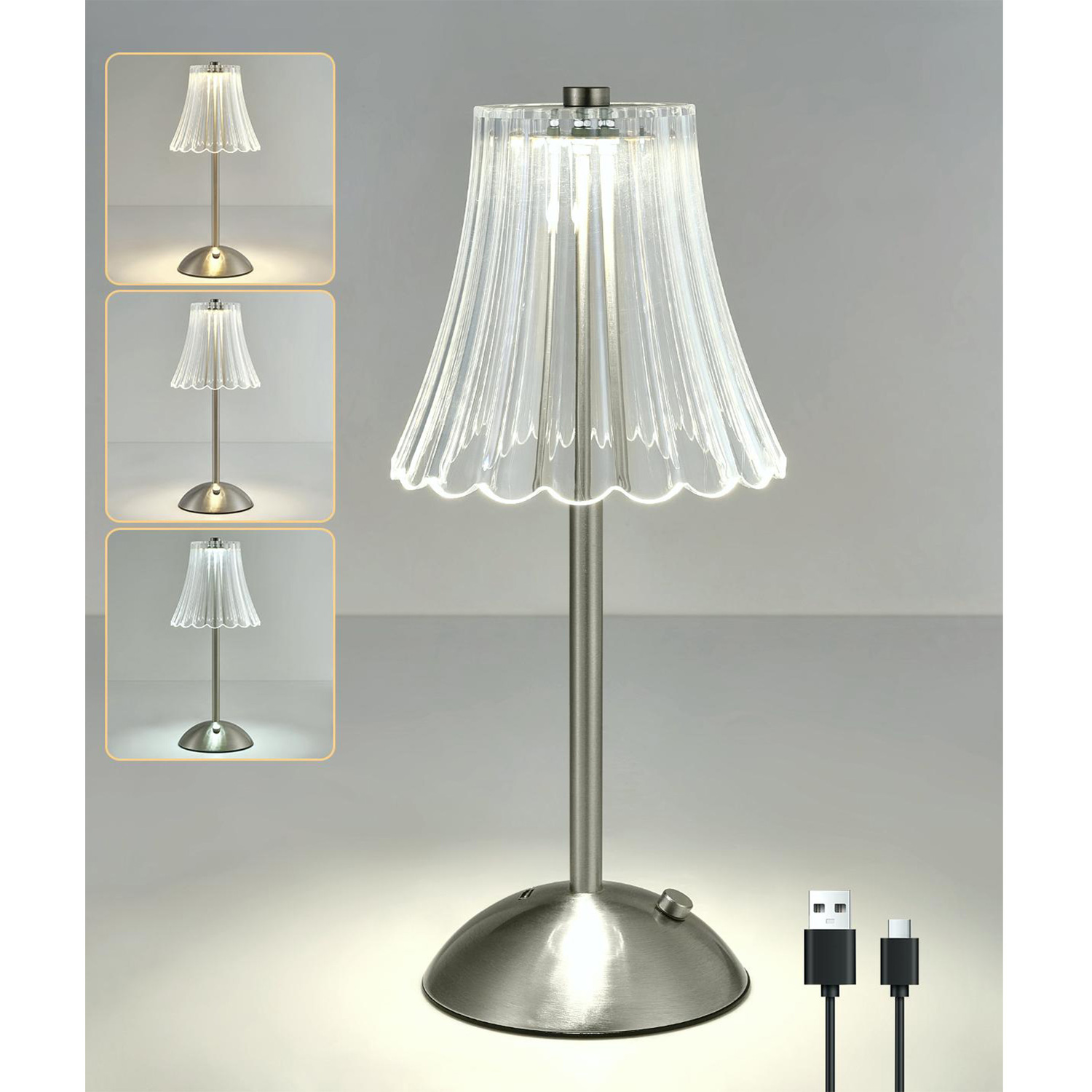 Rechargeable Table Lamp Satin Nickel, LED Desk Lamp Battery Operated - Image 3