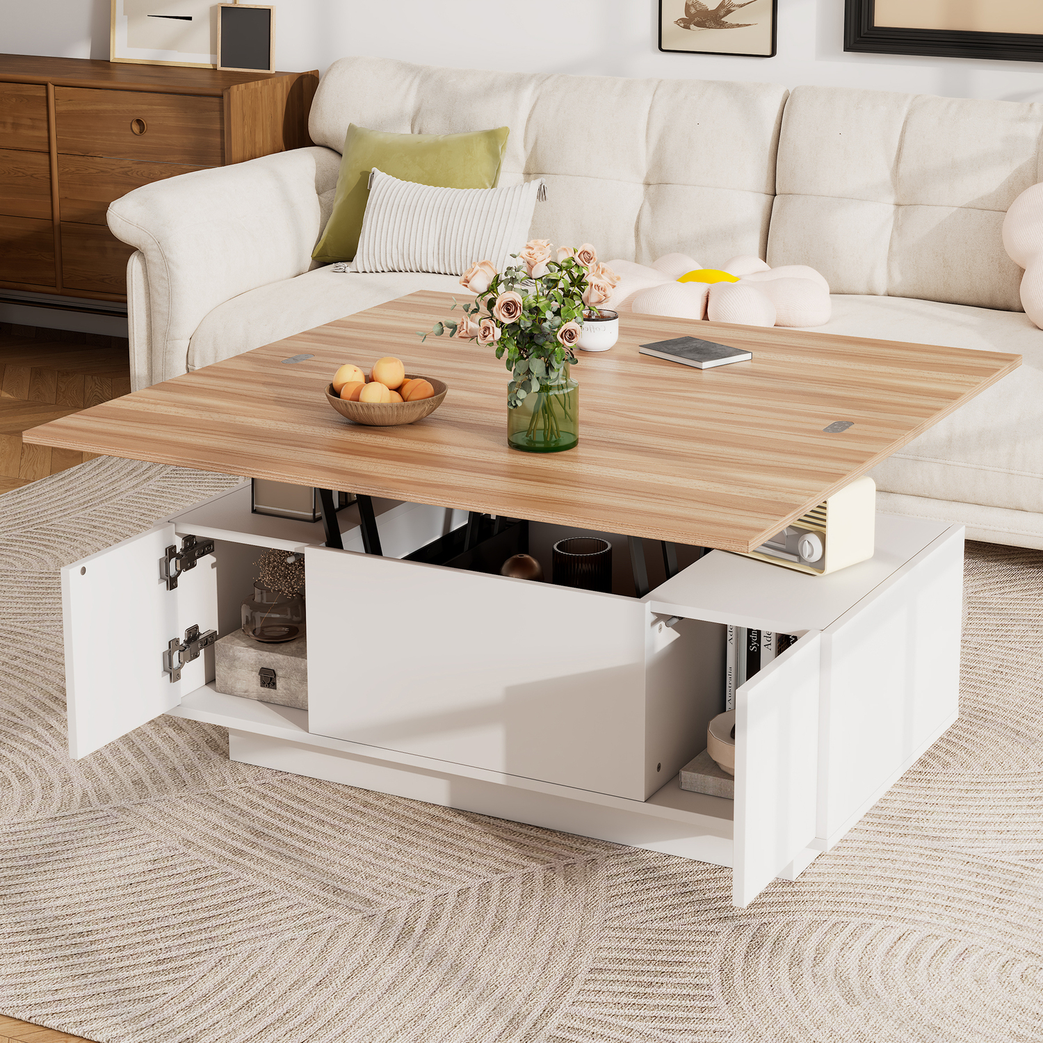 Aka White & Natural Wood Lift Up Coffee Table With Hidden Storage, 2 Doors & 2 Lifting Platforms - White+Natural