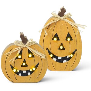 Set of Two Wooden Light Up Pumpkin Halloween Decorations