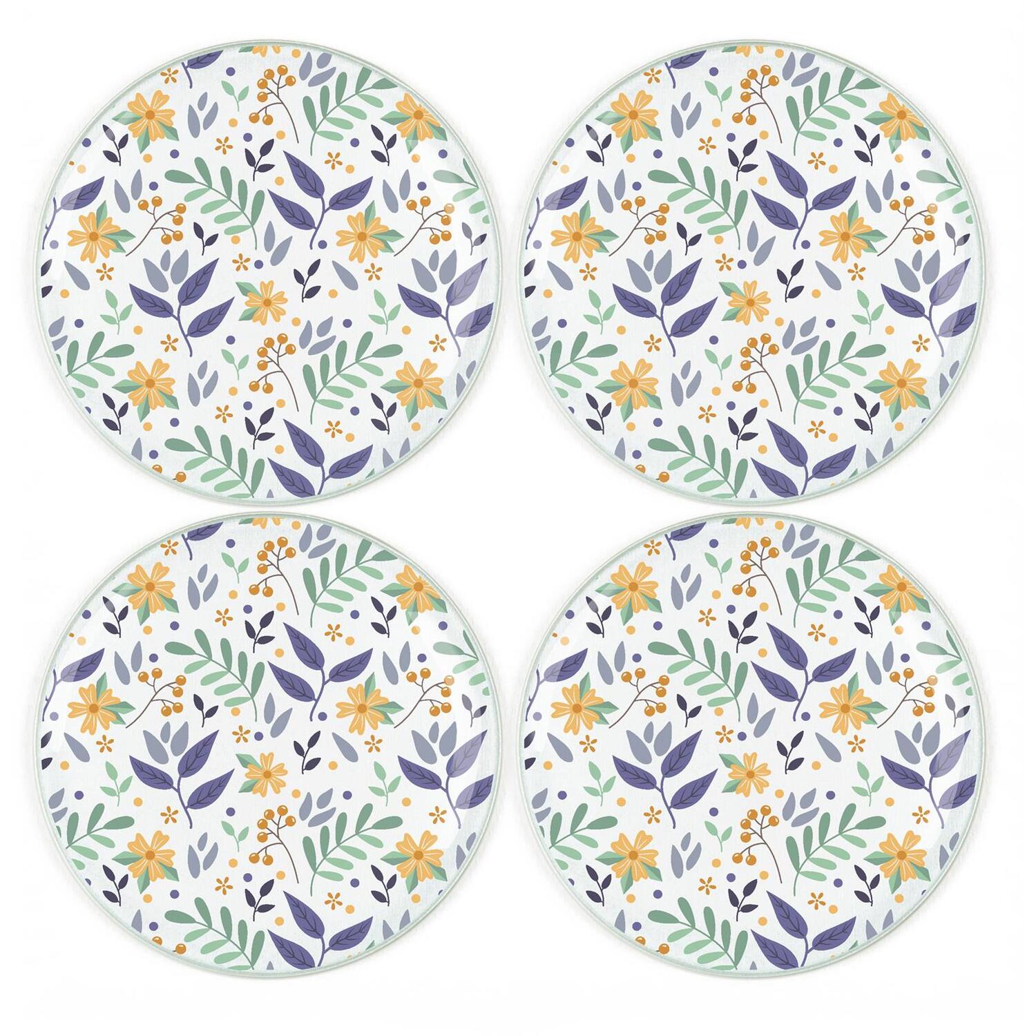 B&Q - Yellow Flowers Coaster SetRound Glass Floral Set Of Four Coasters - Image 2