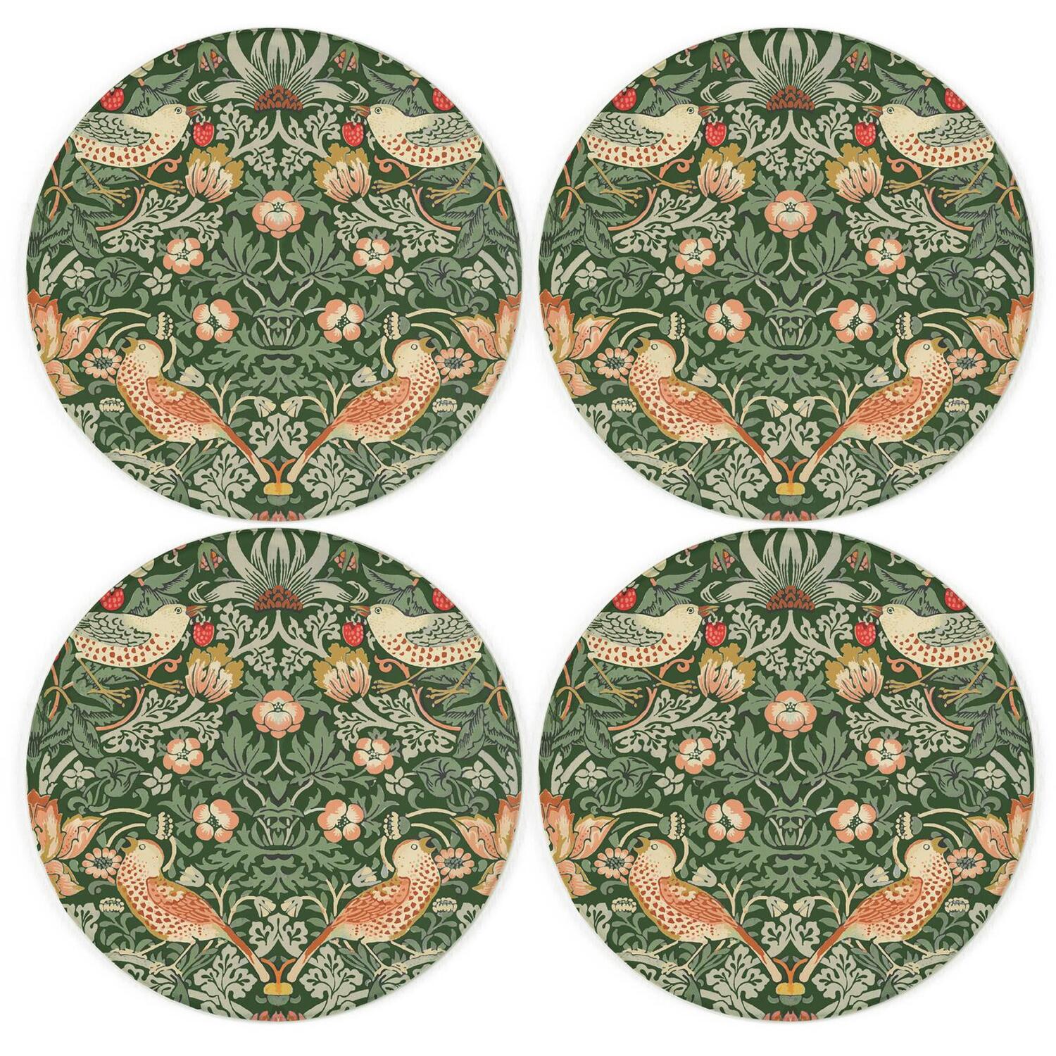 Purely Home Green Strawberry Thief Round Glass Coasters - William Morris Inspired Artwork Set Of 4 - Green - Image 3