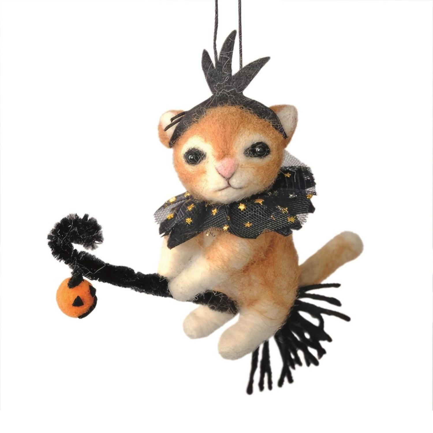  - Felt Fancy Ginger Cat On A Broomstick Hanging Decoration 15.5Cm - Image 3