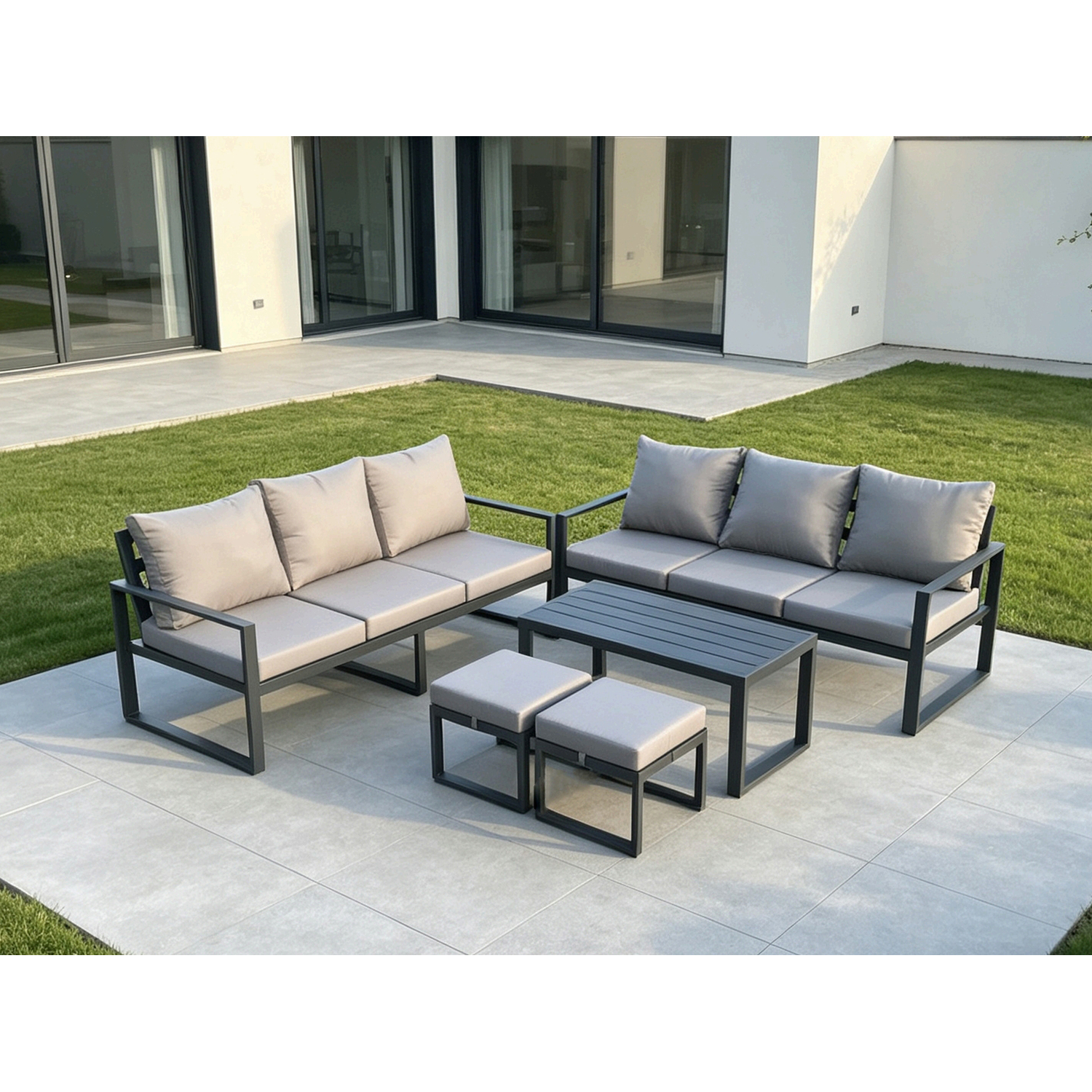 Rackhams Dark/Grey Aluminium Patio Outdoor Garden Furniture Lounge Sofa Set With Oblong Coffee Table 2 Small Footstools - Image 2