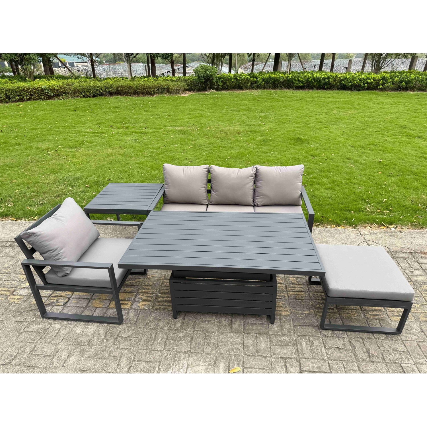 Fimous Dark/Grey 5 Seater Aluminium Garden Furniture Set With Adjustable Rising Dining Table, Side Table & Footstool - Image 3