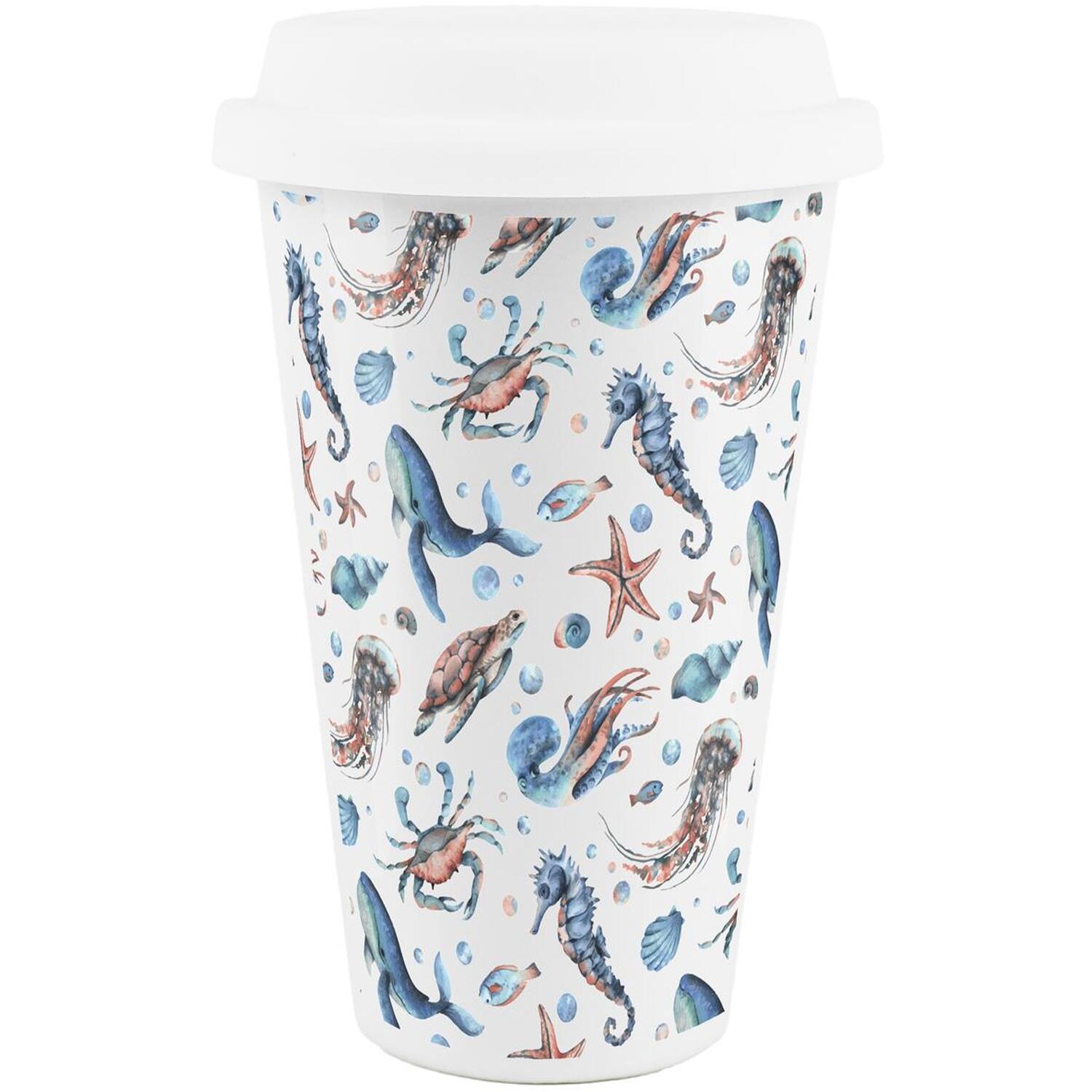 B&Q -  Sea Life Ceramic Travel MugOcean Themed Coastal GiftSilicone Lid Double-Walled Insulated Drinks Mug - Image 3