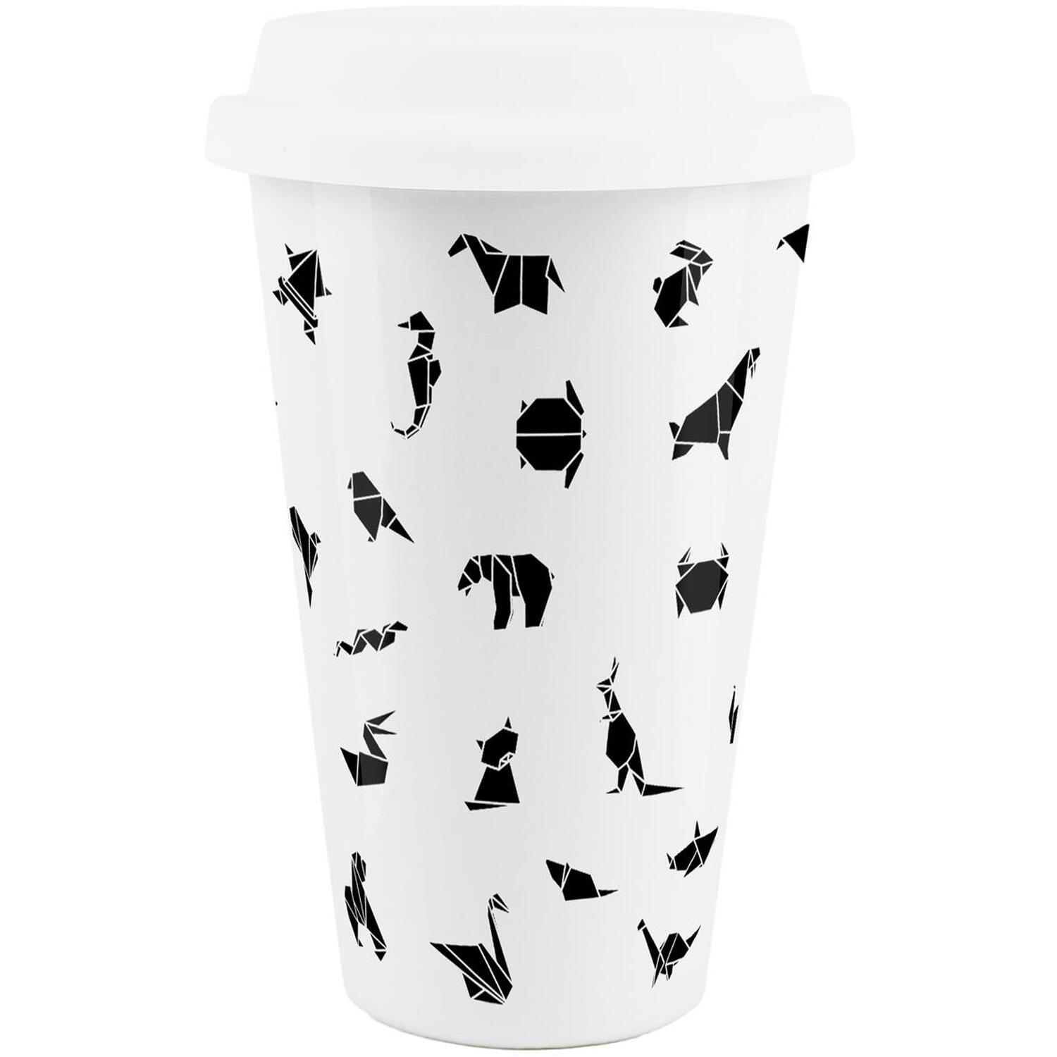 B&Q - Origami Black & White Ceramic Travel MugWildlife Animals / Sealife Themed Silicone Lid Double-Walled Insulated Drinks Gift Mug - Image 2