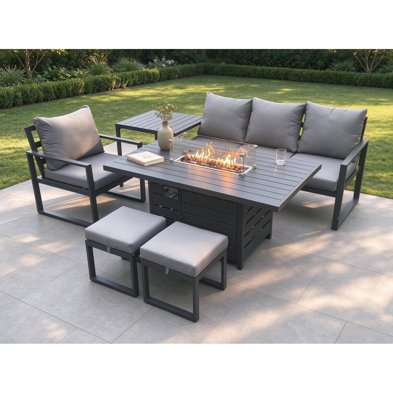 Fimous Dark/Grey Aluminium 6 Pieces Garden Furniture Sofa Set With Cushions Gas Fire Pit Dining Table Set With 2 Small Footstools Side Table - Image 2