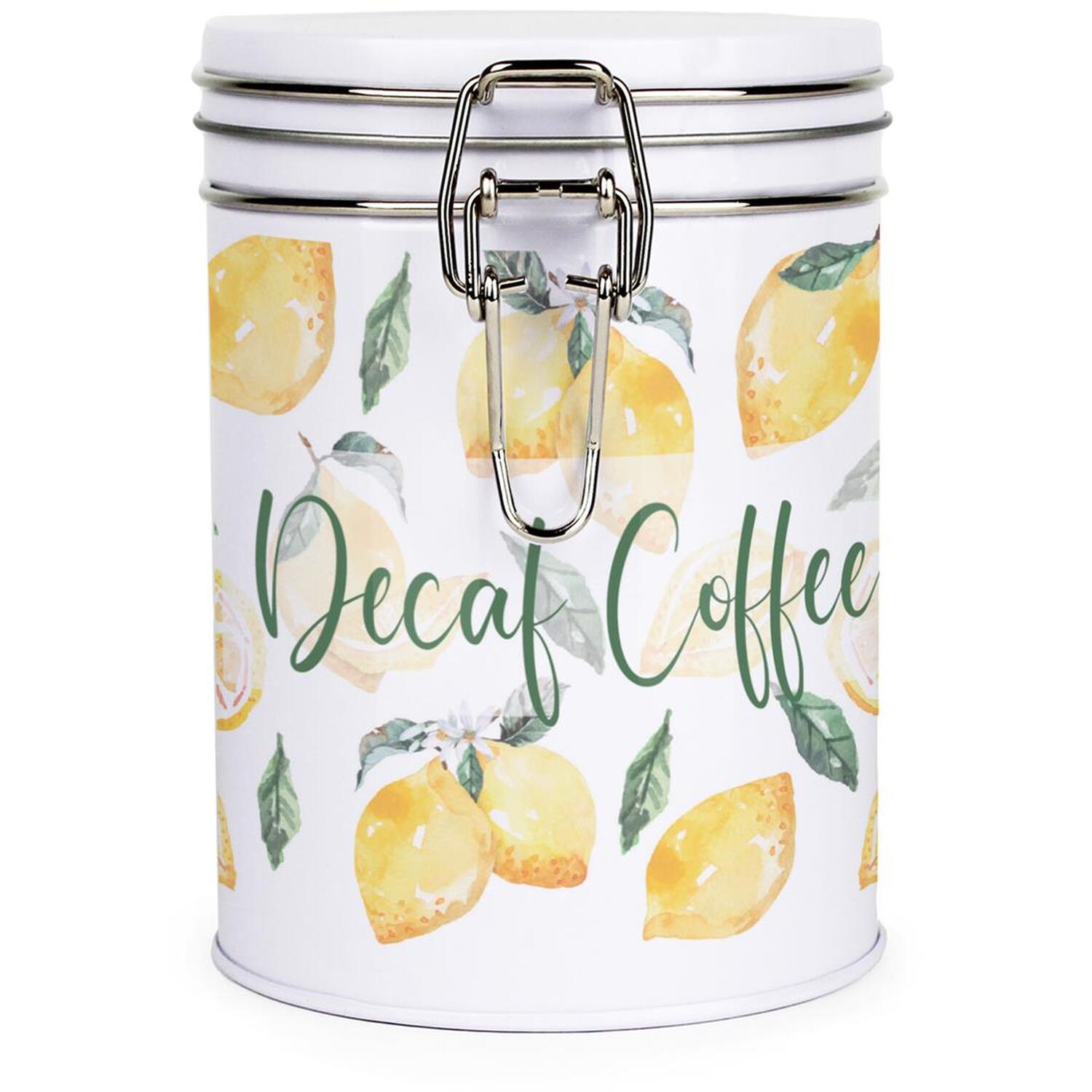 Lemon Print Decaf Coffee Canister - Stylish Metal Clip-Lid Kitchen Storage Gift - Image 3