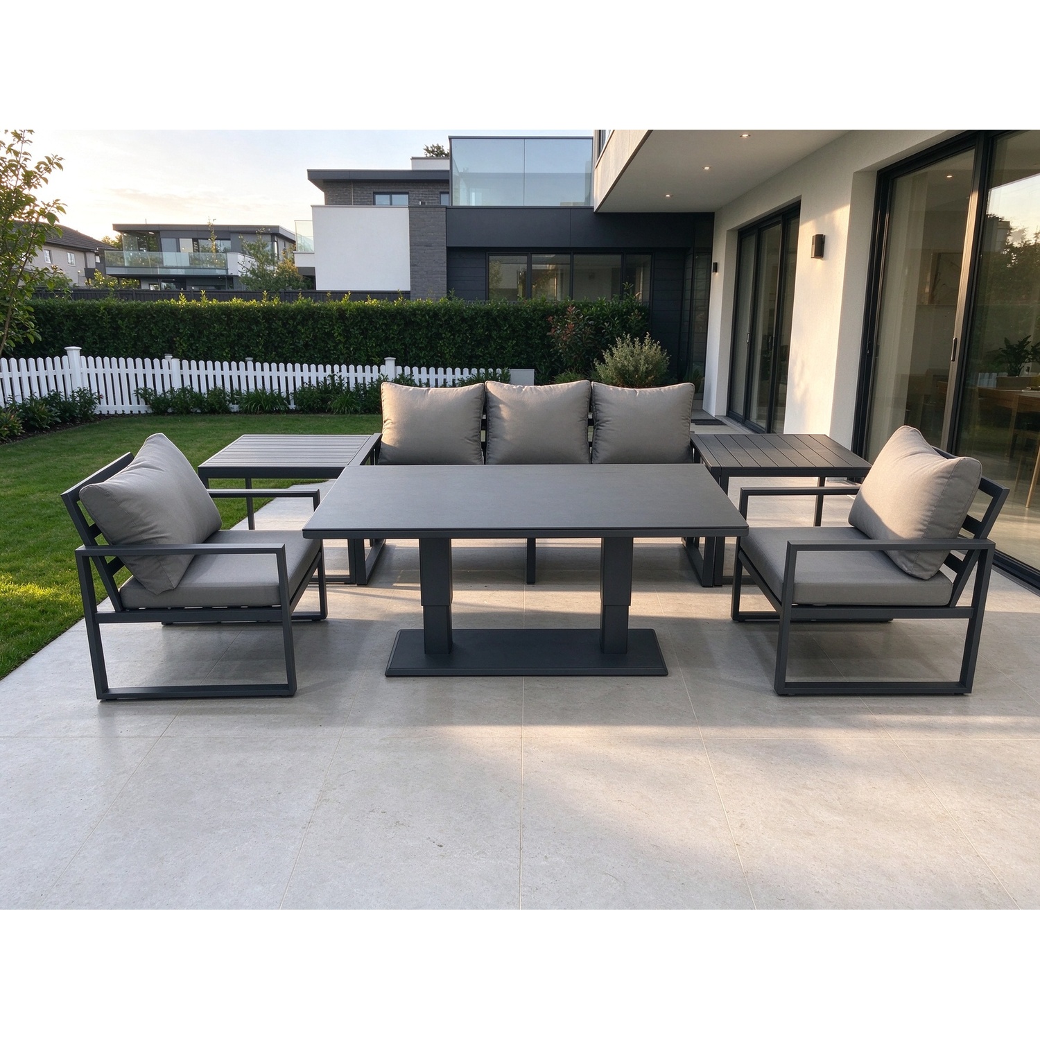 Fimous Unisex Dark Grey Outdoor Aluminium Garden Furniture Set With Adjustable Rising Lifting Dining Table Seater Sofa 2 Chair 2 Side Tables Size 3 - Image 2