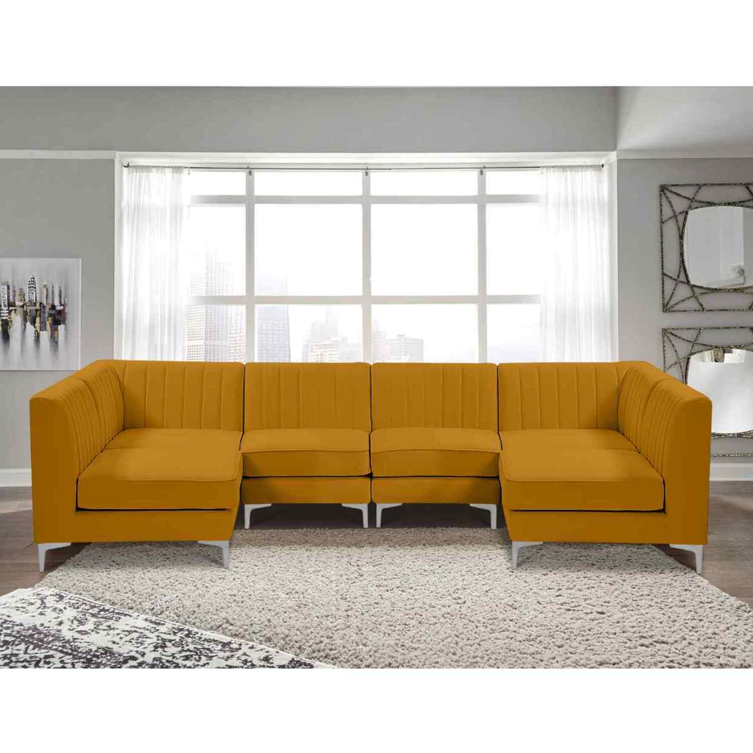 Simply Eleganza - Elena Modular Corner U Shape Sofa in Velour Fabric - Yellow thumbnail