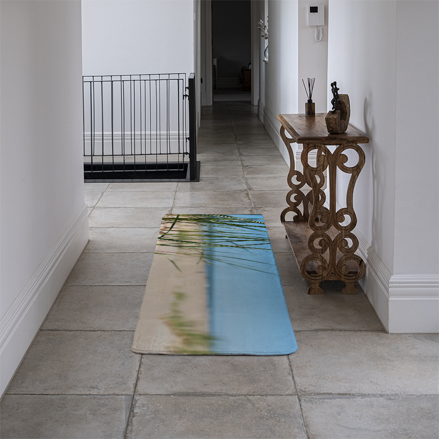 Grass in the sand dunes with the lake in the background Designer Runner Rug - Blue
