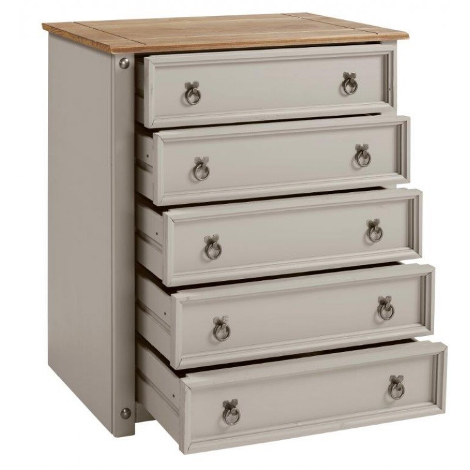 Corona Grey Wax Small 5 Drawer Chest Of Drawers Solid Wood Pine Wooden - Distressed Grey Wax
