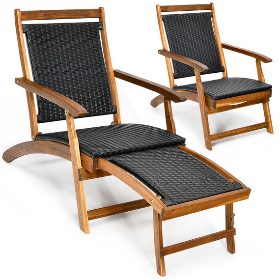 Costway Patio Deck Chair Outdoor Acacia Wood Lounge Chair