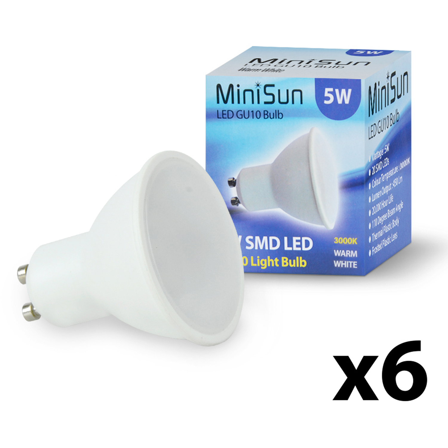 6 Pack Gu10 White Thermal Plastic Spotlight Led 5w 3000k 450lm Light Bulb - White