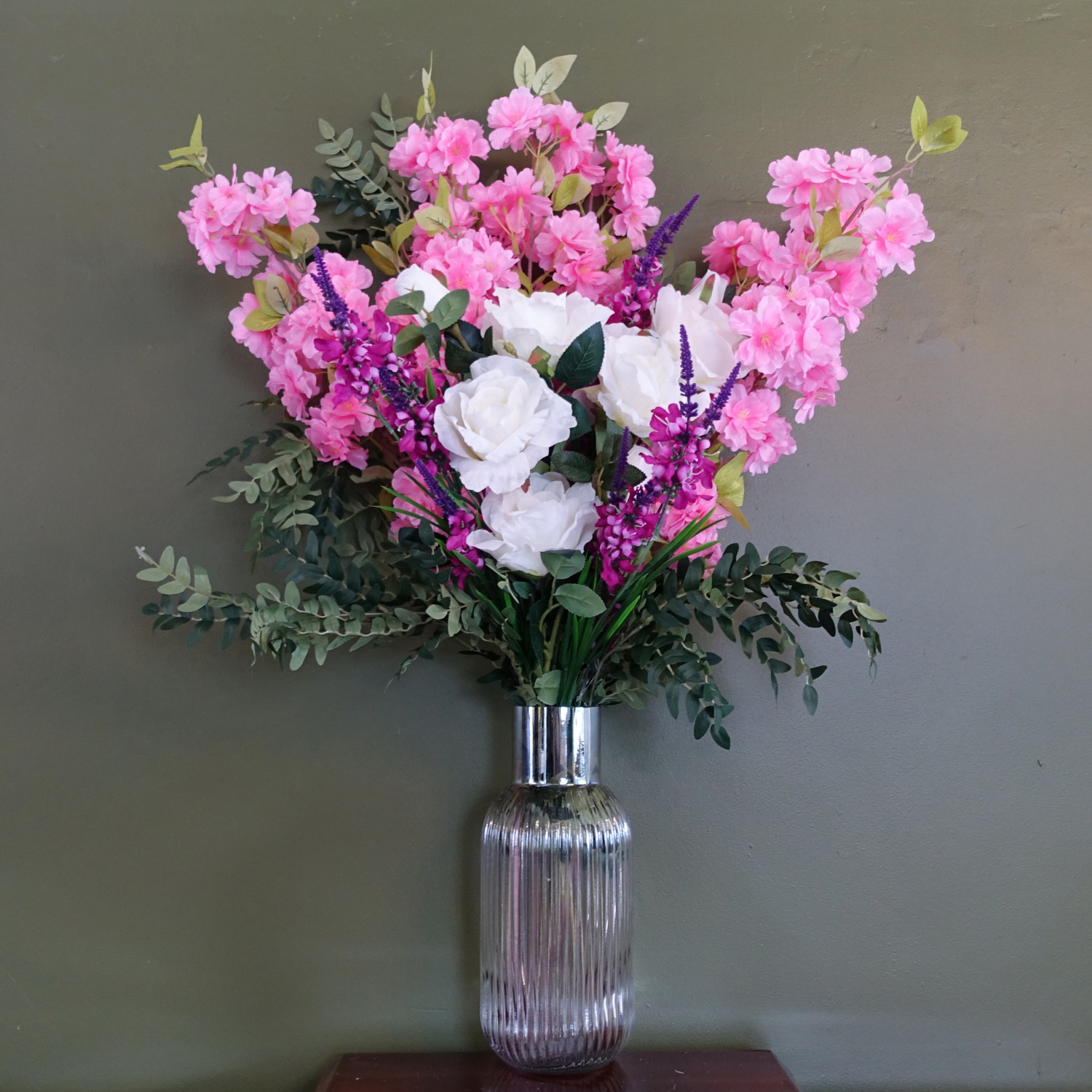 Pink Blossom White Rose Arrangement Glass Vase - Pink Blossom White Rose Glass Vase