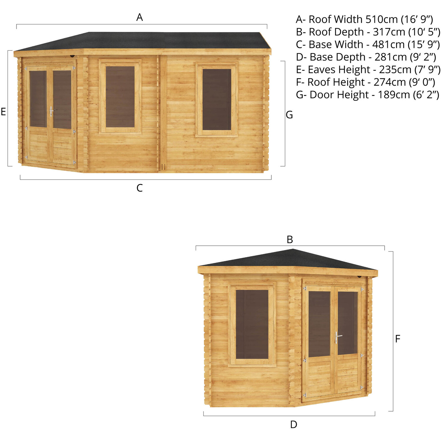 5m X 3m Wooden Corner Lodge Log Cabin - 28mm Thickness - Brown