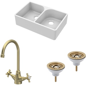 Fireclay 2 Bowl Full Weir Butler Sink Wastes Tap Brushed Brass 795mm