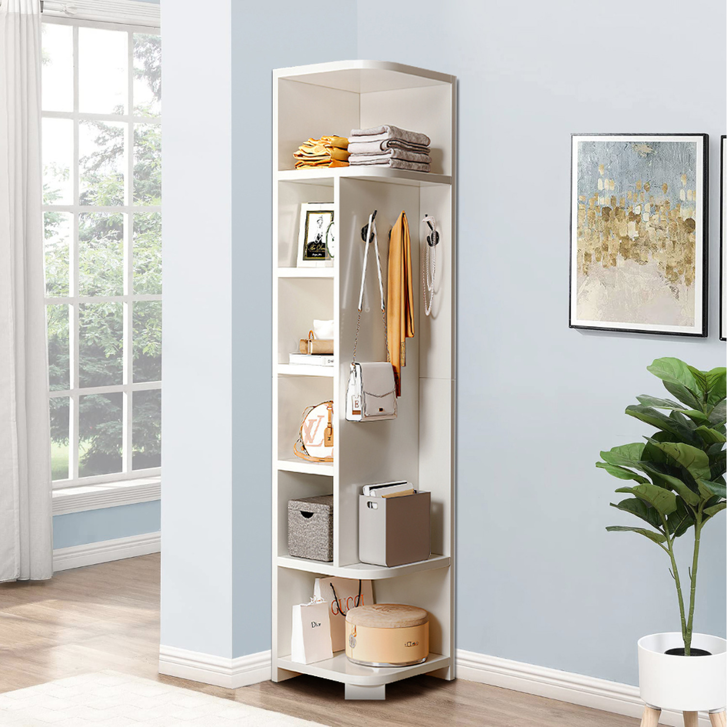 Living Room Corner Storage Rack With Hooks - White 30cm W X 30cm D X 180cm H