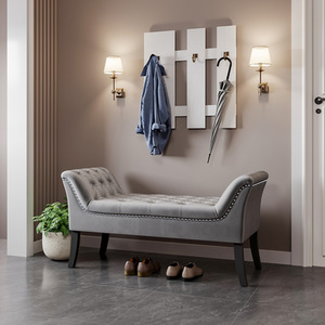 Fabric Buttoned Bed Armed Bench with 4 Wooden Legs