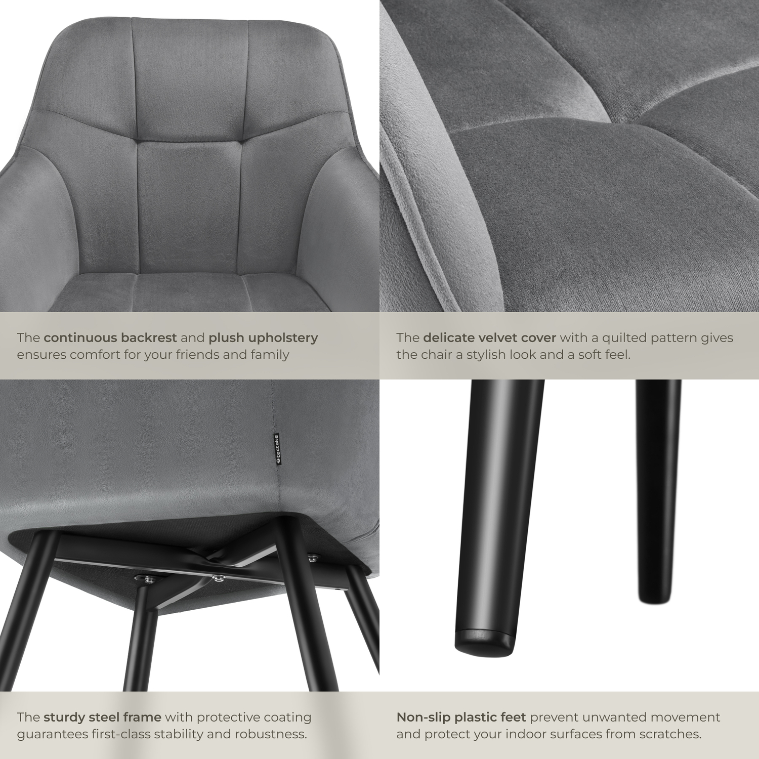 Dining Chair Marilyn - Velvet Look Quilted Pattern - Grey Black 6