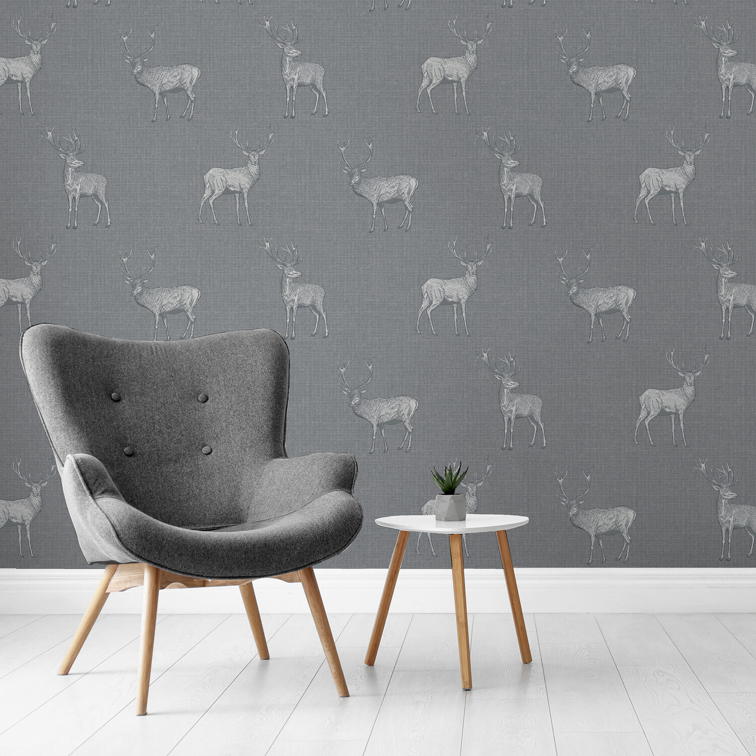 Heritage Stag Wallpaper - Grey and Silver