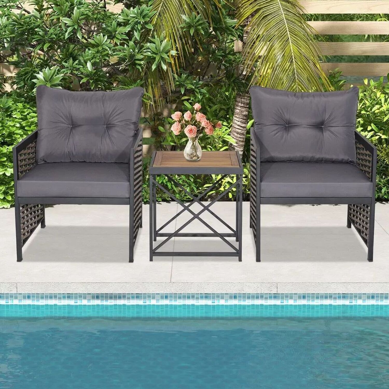3 Piece Rattan Conversation Set Patio Wicker Chairs And Coffee Table Set - Grey
