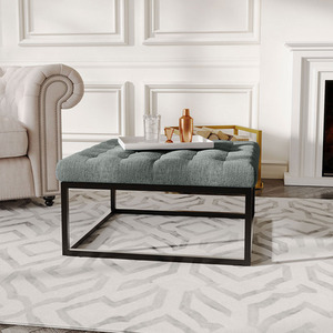 Square Linen Footstool Bench with Metal Frame