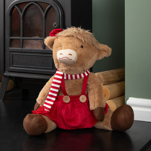 Plush Sitting Christmas Highland Girl Cow in Red Dress