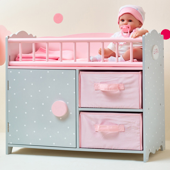 Polka Dots Princess Baby Doll Crib with Storage and Bedding, Pink and Grey