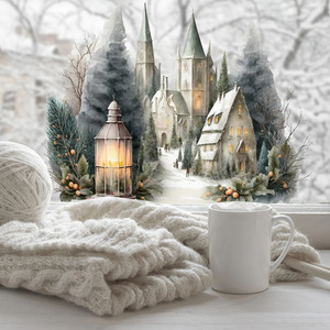 Double Sided Christmas Village Window Sticker Lantern and Snowy Church Scene