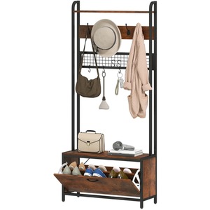Industrial Entryway Hall Tree Coat Rack Stand With Shoe Storage and 10 Hooks