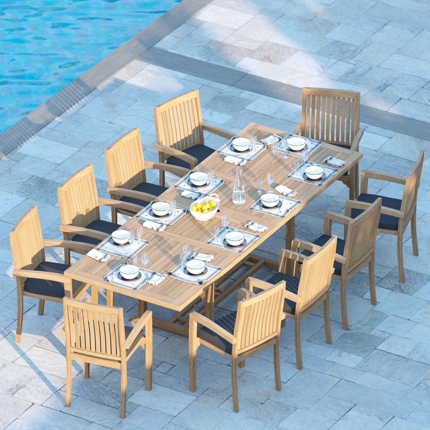 Prague Teak Garden Dining Table And 10 Seat Chair Set - Teak Table 10 Chairs Green Cushions