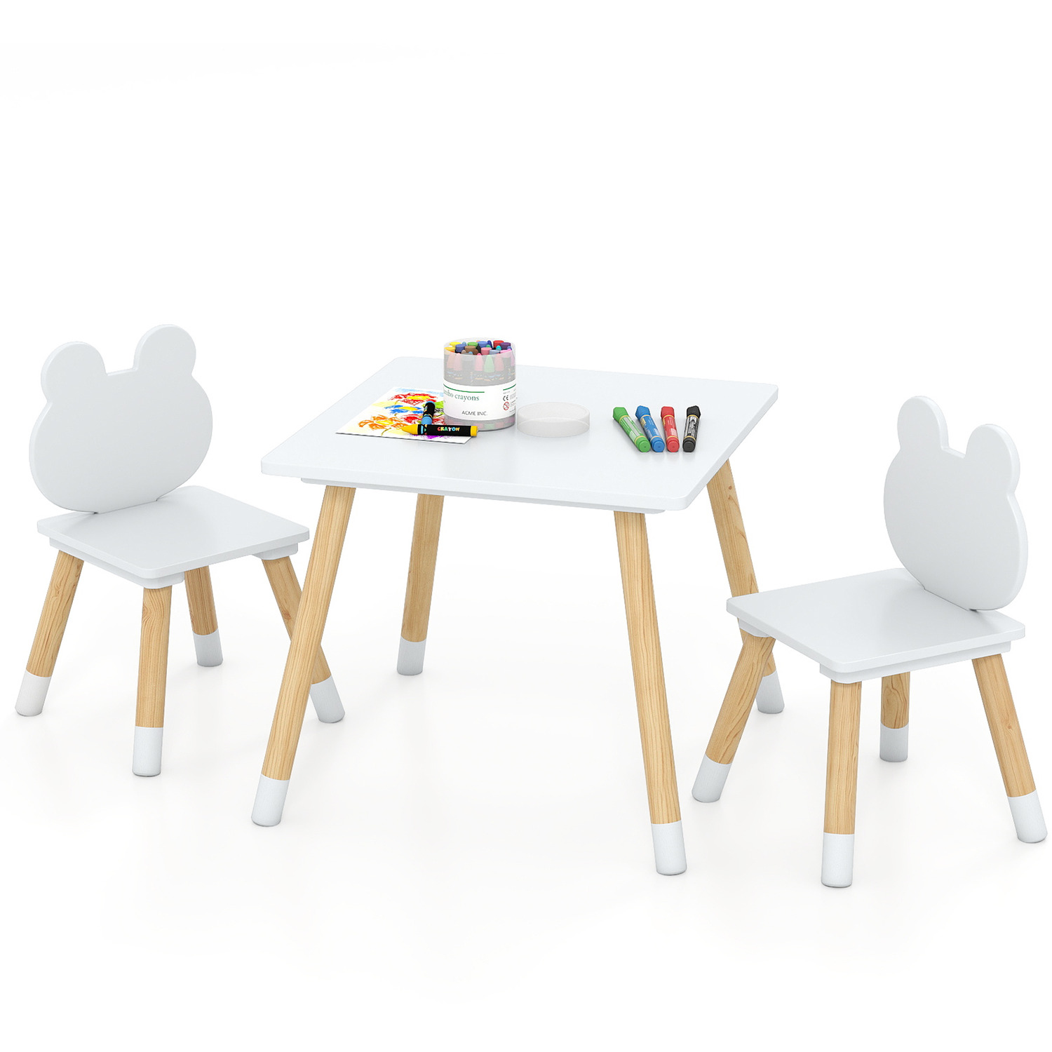 3 Pcs Kids Wooden Table And Chair Set - White