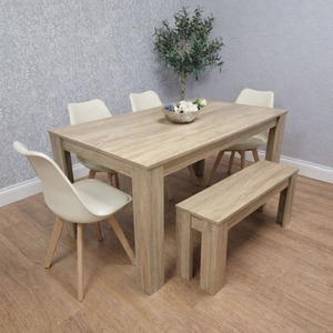 Oak Effect Dining Table Set With 4 Cream Plastic Chairs And Bench Dining Furnitu
