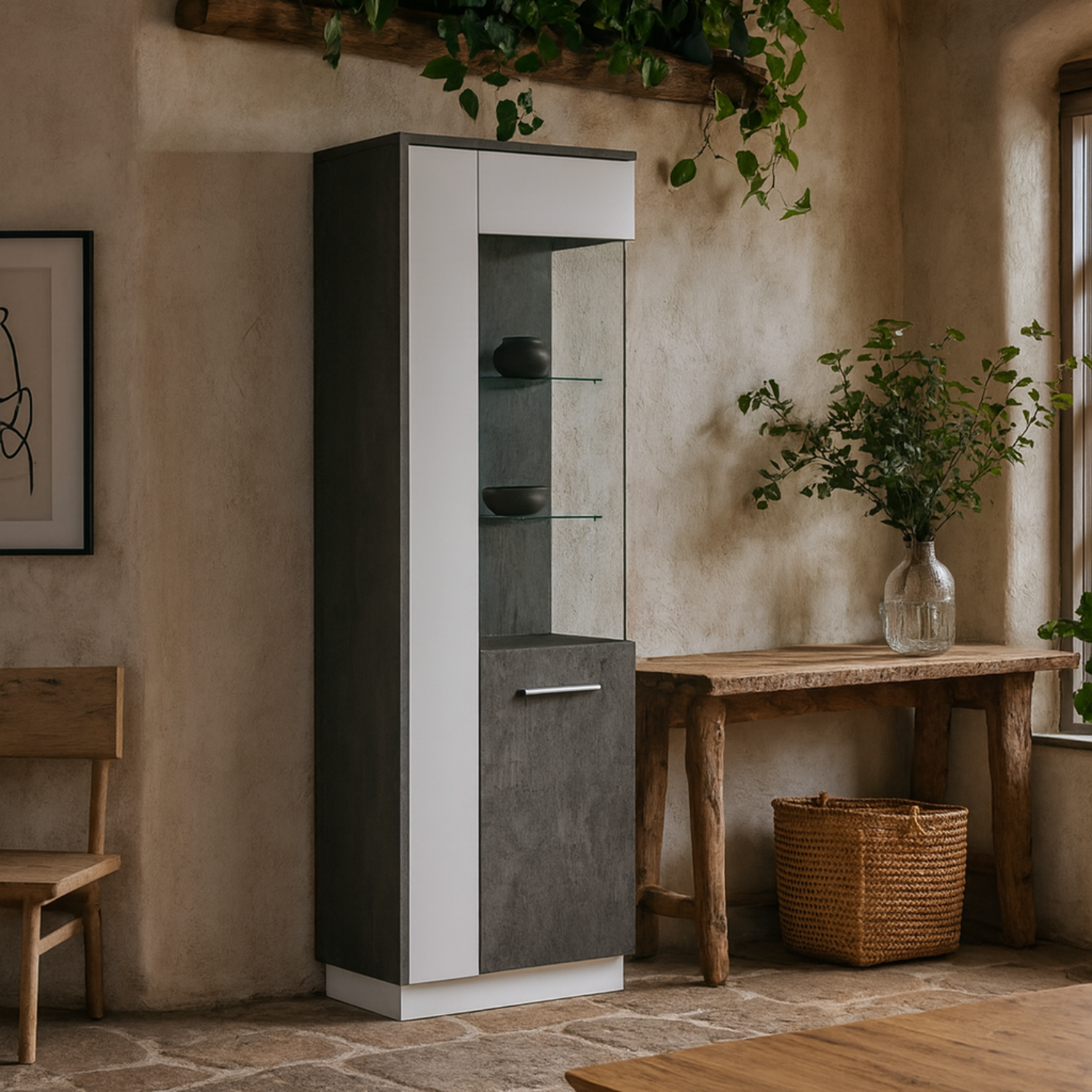 Wyld Haus Nantes Tall Glazed Display Cabinet Grey and White Right-Hand LED - Grey and White