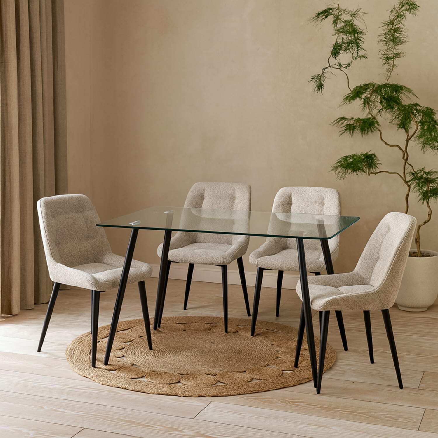 Wyld Haus Venice 6-Seater Tempered Glass Dining Table with Matte Black Hairpin Legs - Clear