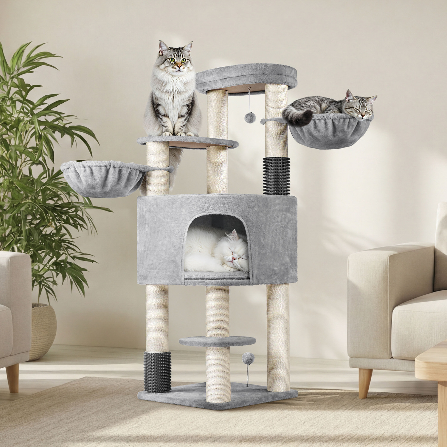 Yaheetech Heavy-Duty Cat Tree with Thick Scratching Posts - Grey/Black - Grey/Beige