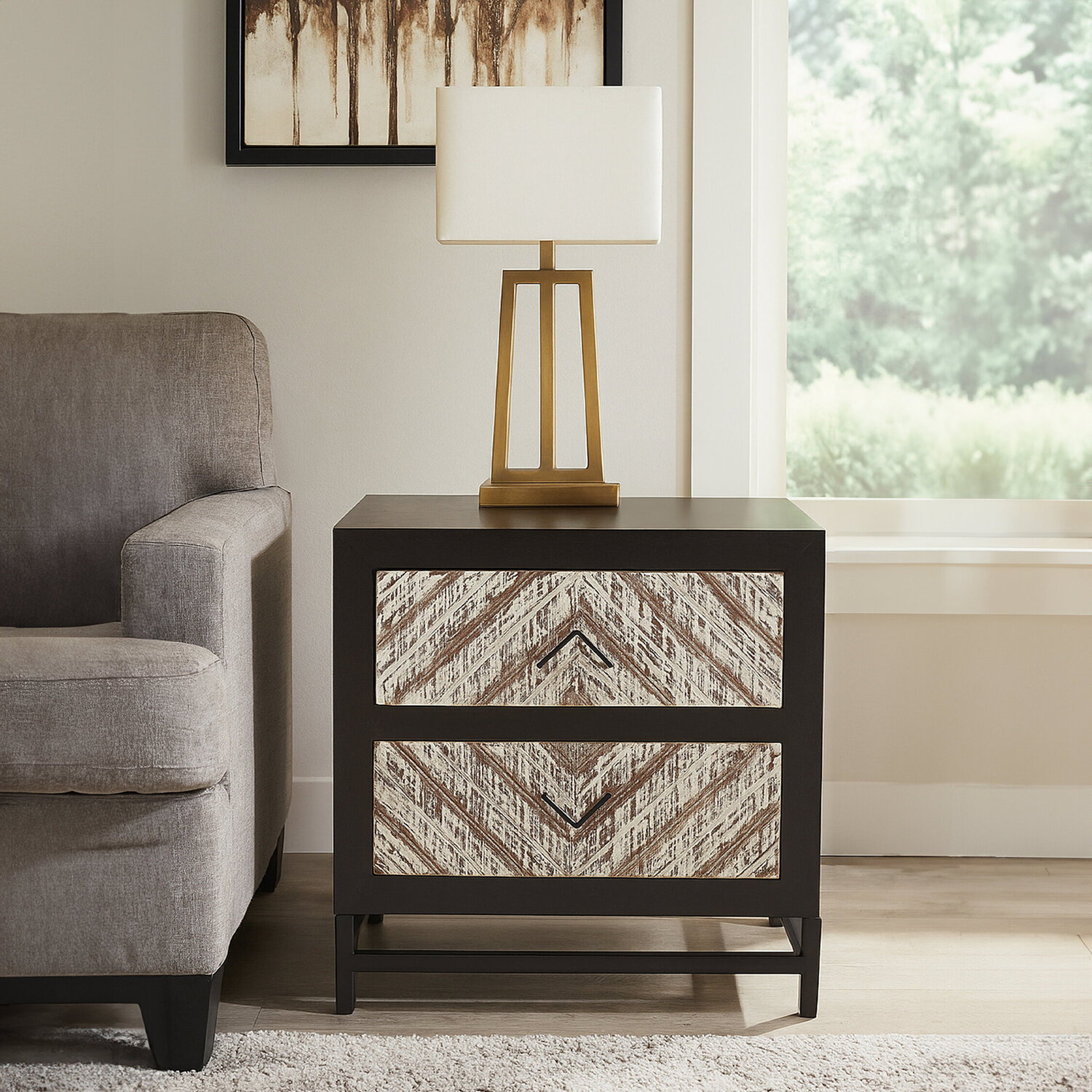 Lombok Rustic Chevron and Black 2 Drawer Bedside Table - Black