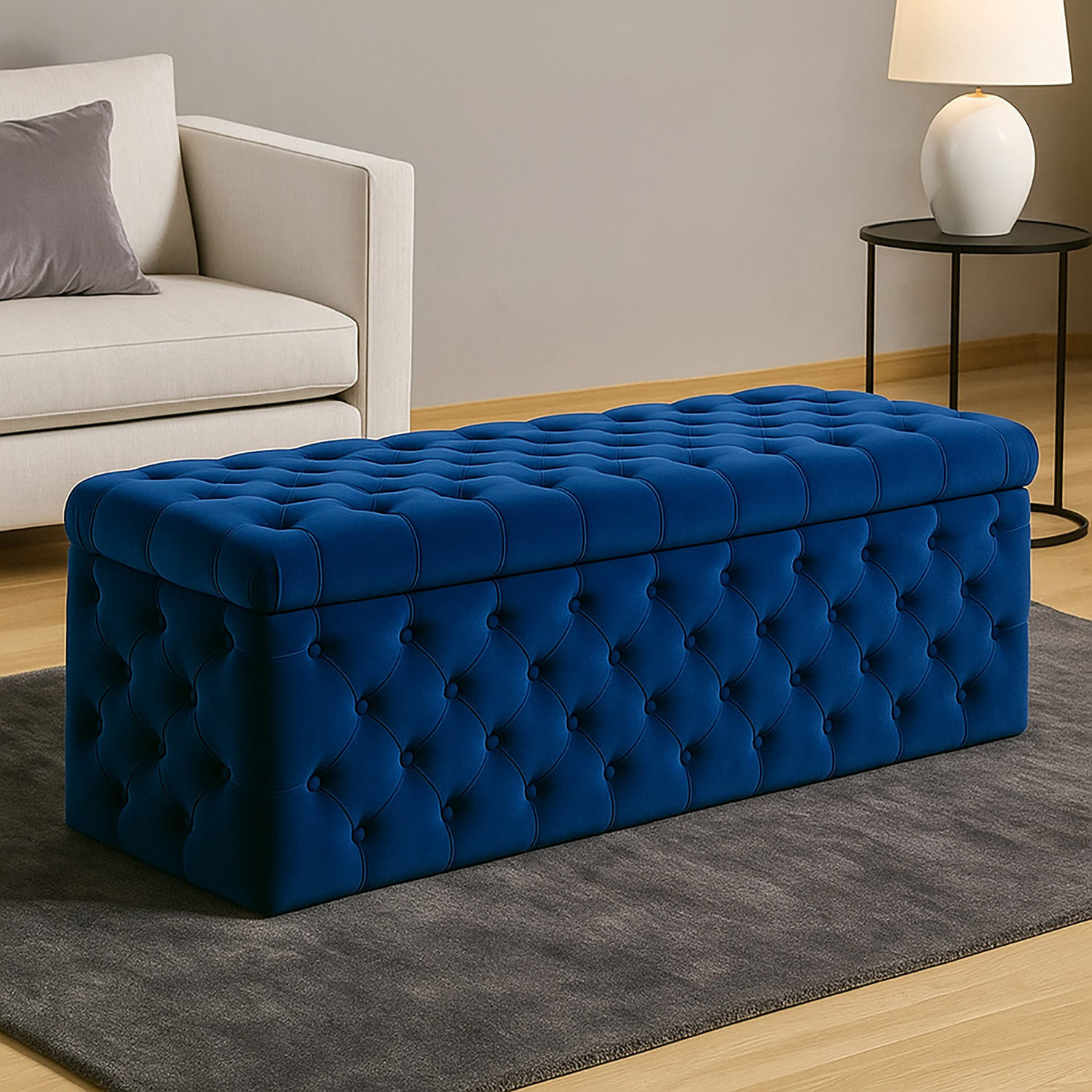 R&M Furnishers Wide Lux Ottoman Storage Box, Sapphire Blue Velvet Upholstered Chesterfield Storage Ottoman Box - Sapphire Blue Plush Velvet