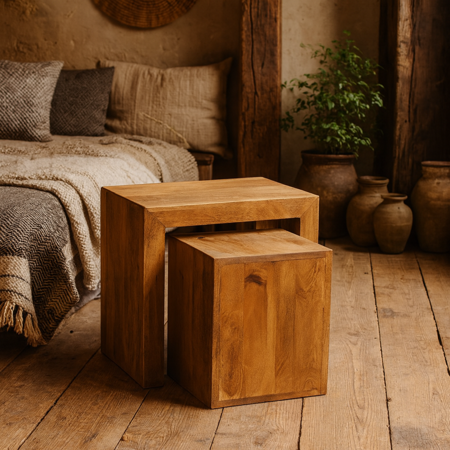 Manila Set of 2 Light Mango Wood Cube Nesting Tables Matt Finish - Brown