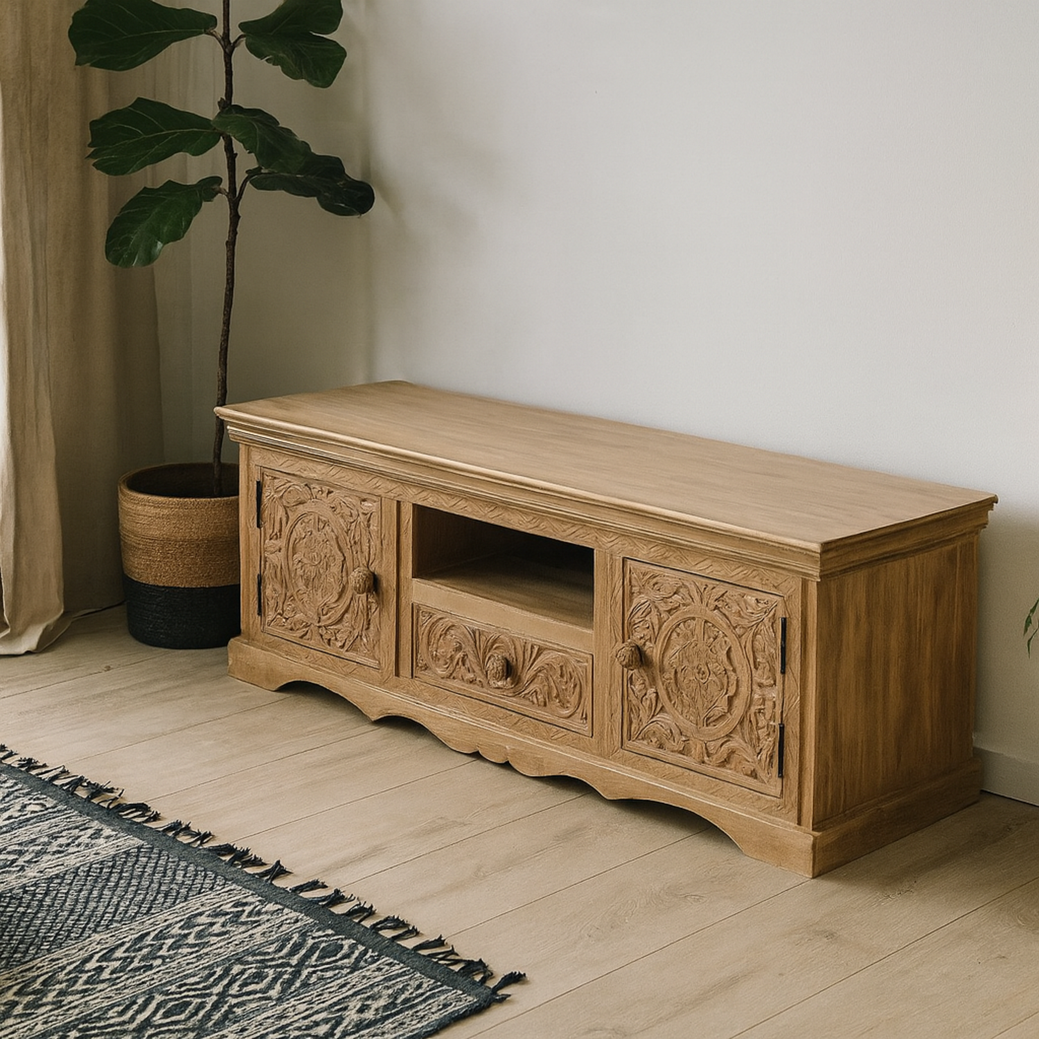 Brighton Mango Wood TV Cabinet Whitewashed Finish 2 Doors 1 Drawer 1 Shelf - Brown