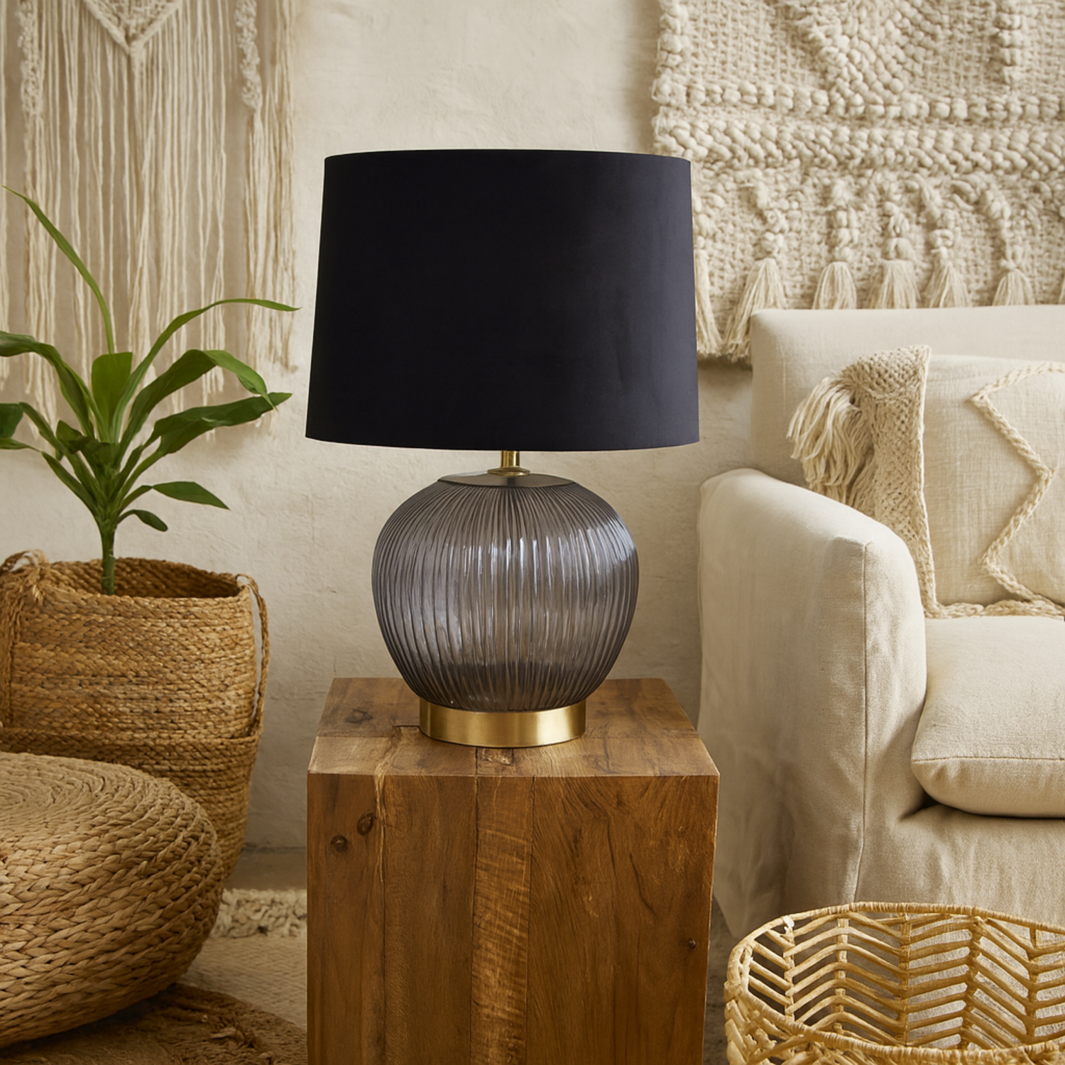 Wyld Haus Fernforge Ribbed Glass Table Lamp With Velvet Shade - Black