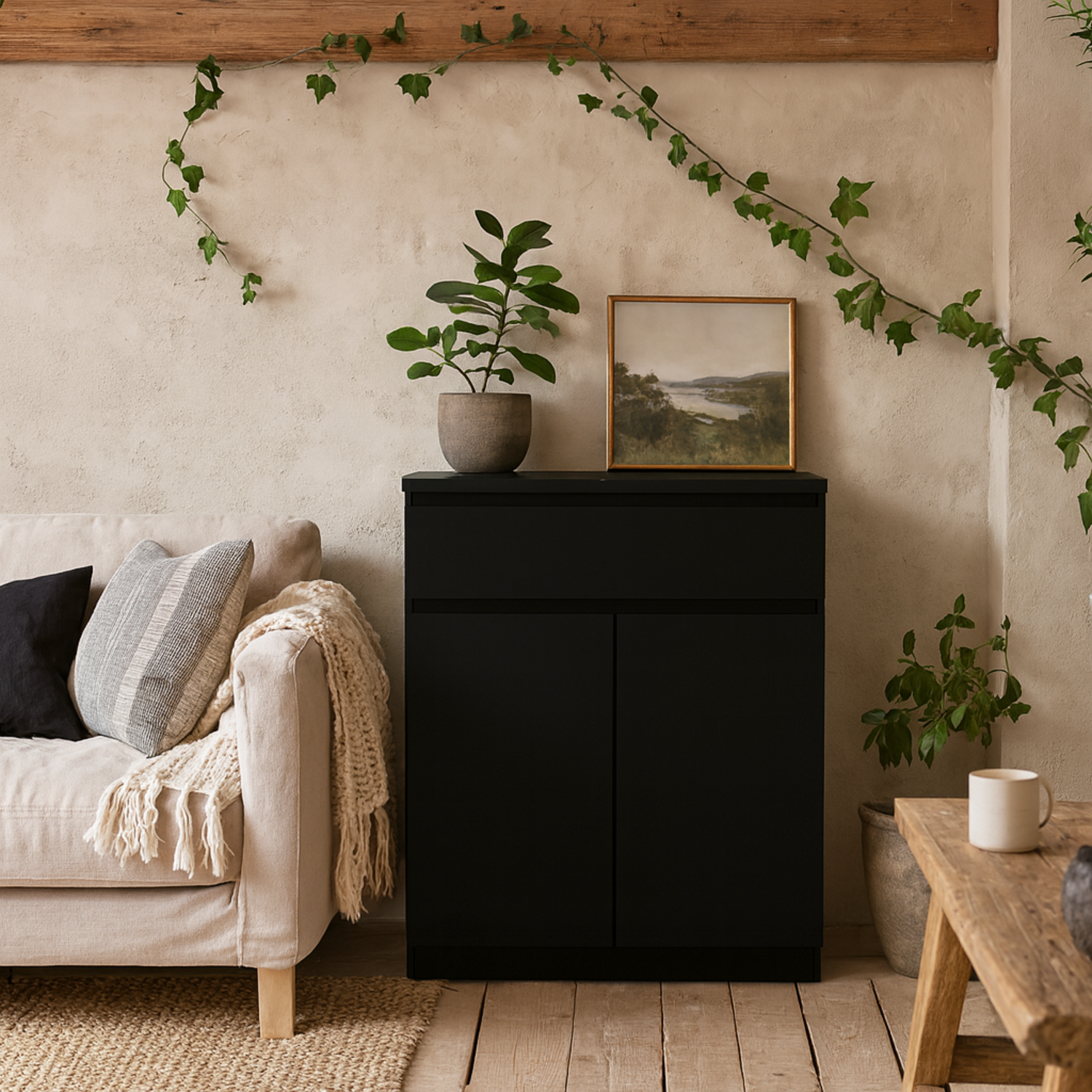 Budapest Matt Wooden Sideboard 1 Drawer 2 Doors Freestanding Compact - Black