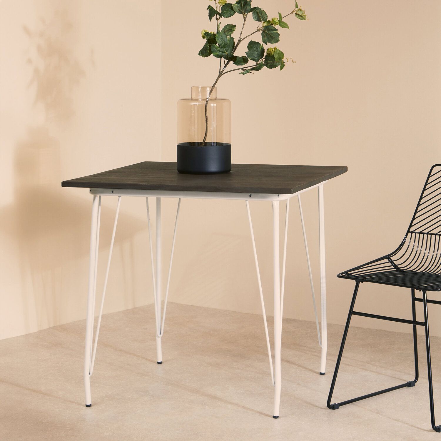 District White Metal And Elm Wood Square Dining Table - White