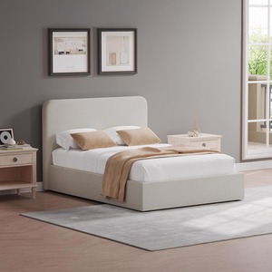 Beige Upholstered King Ottoman Bed Frame Hydraulic Gas Lift