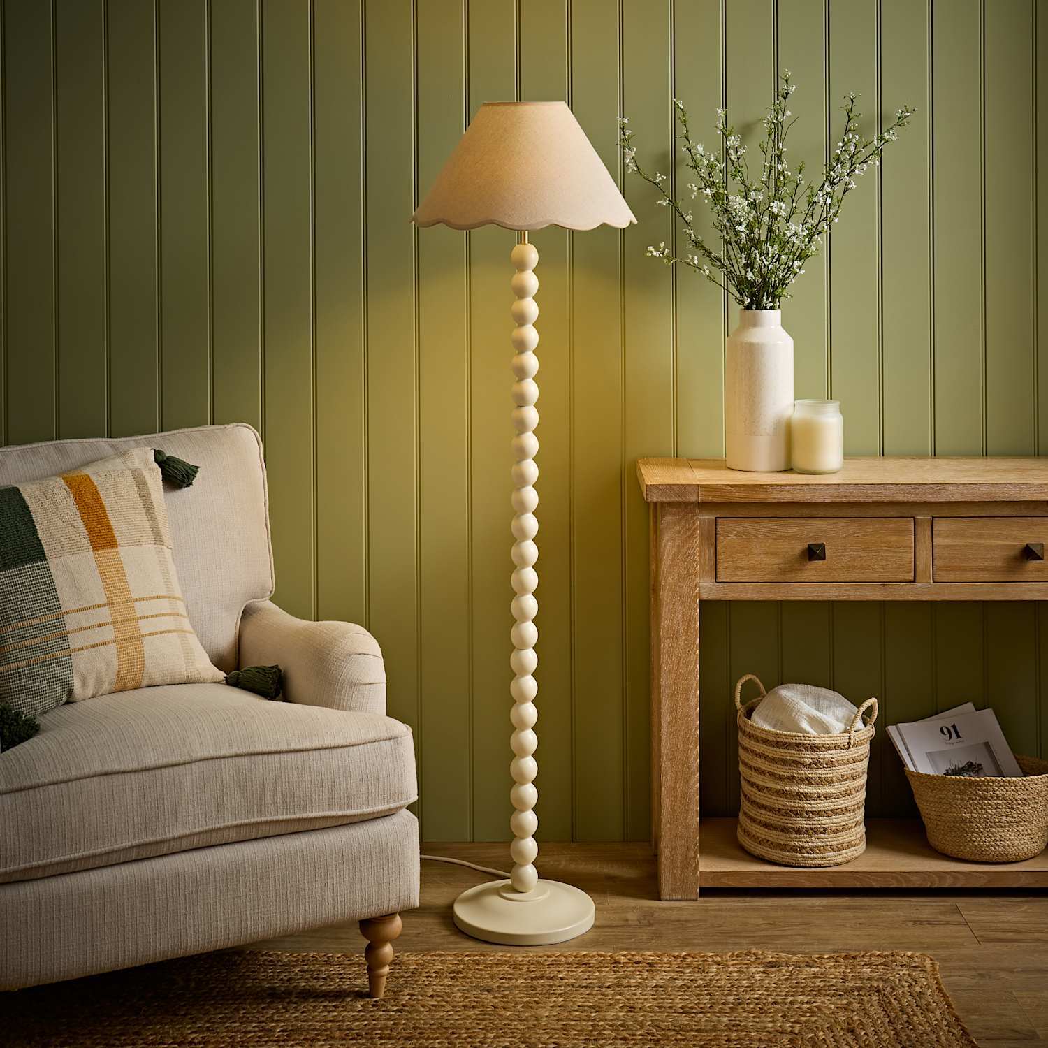 Valuelights Bobbin Colour Trim Linen Shade Bobble Floor Lamp - Cream Blue Trim / No - Cream / 2.7Kg